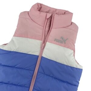 Puma Puffer Vest Sleeveless Padded Full Zip‎ Pink Blue White Kids S 7/8